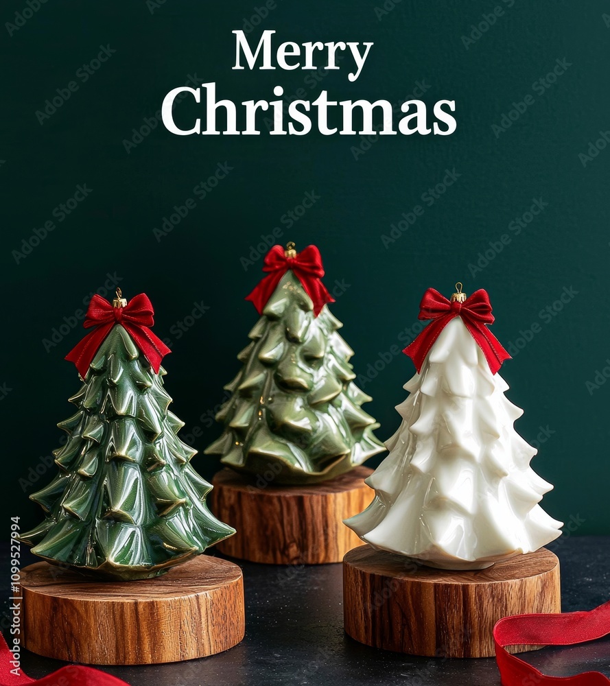 Poster the decoration of christmas trees with merry christmas text on a green background is rendered in 3d.