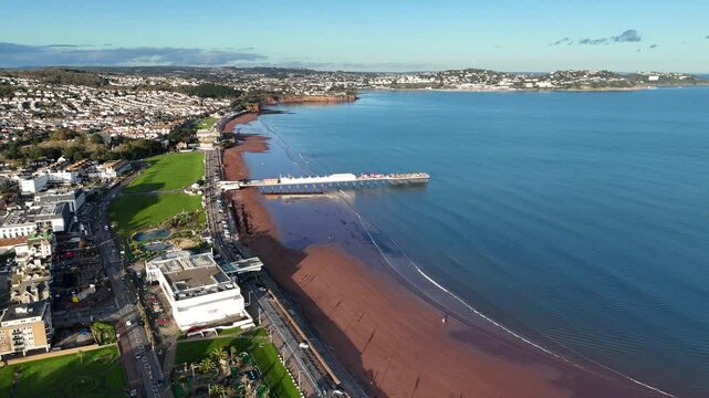Aerial view over Paignton pier and beach in Devon