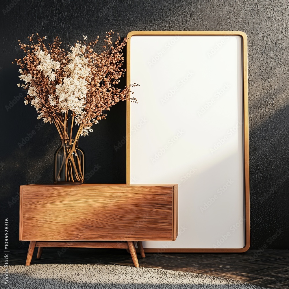 Poster An empty white mockup picture frame on a wooden console with dry plants and a lamp on top 3D Rendering, 3D Illustration