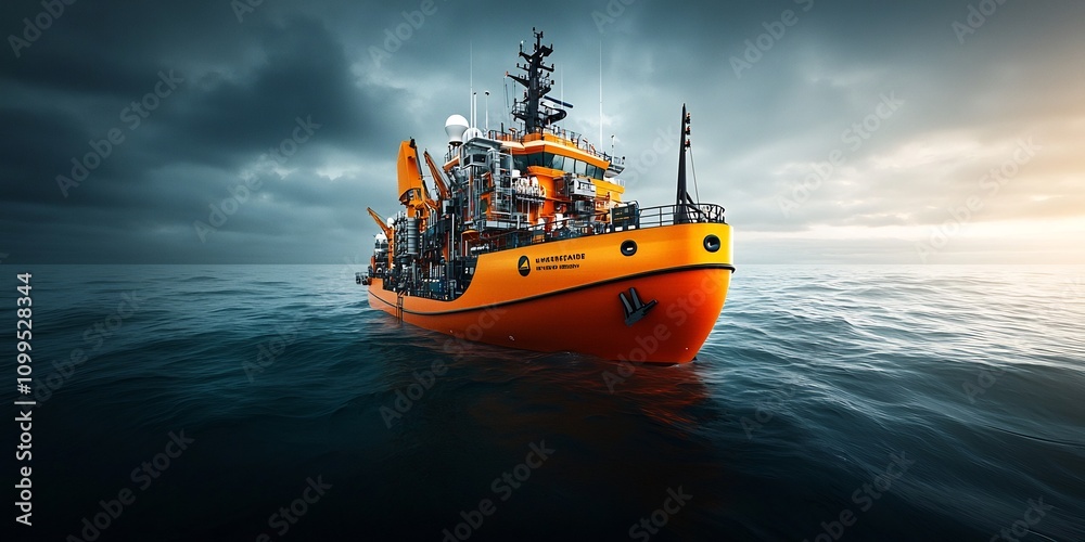 Poster Overhead view of a state of the art seismic survey ship equipped with an array of specialized sensors and instruments conducting seafloor mapping and data collection in the vast open ocean