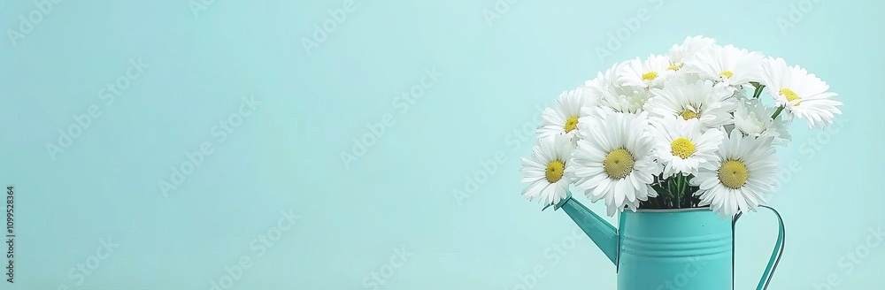 Poster 3D Illustration, 3D Rendering of beautiful chamomile flowers in a blue watering can on a turquoise background. Fresh white flowers. Spring concept background. 3D Rendering, 3D illustration of