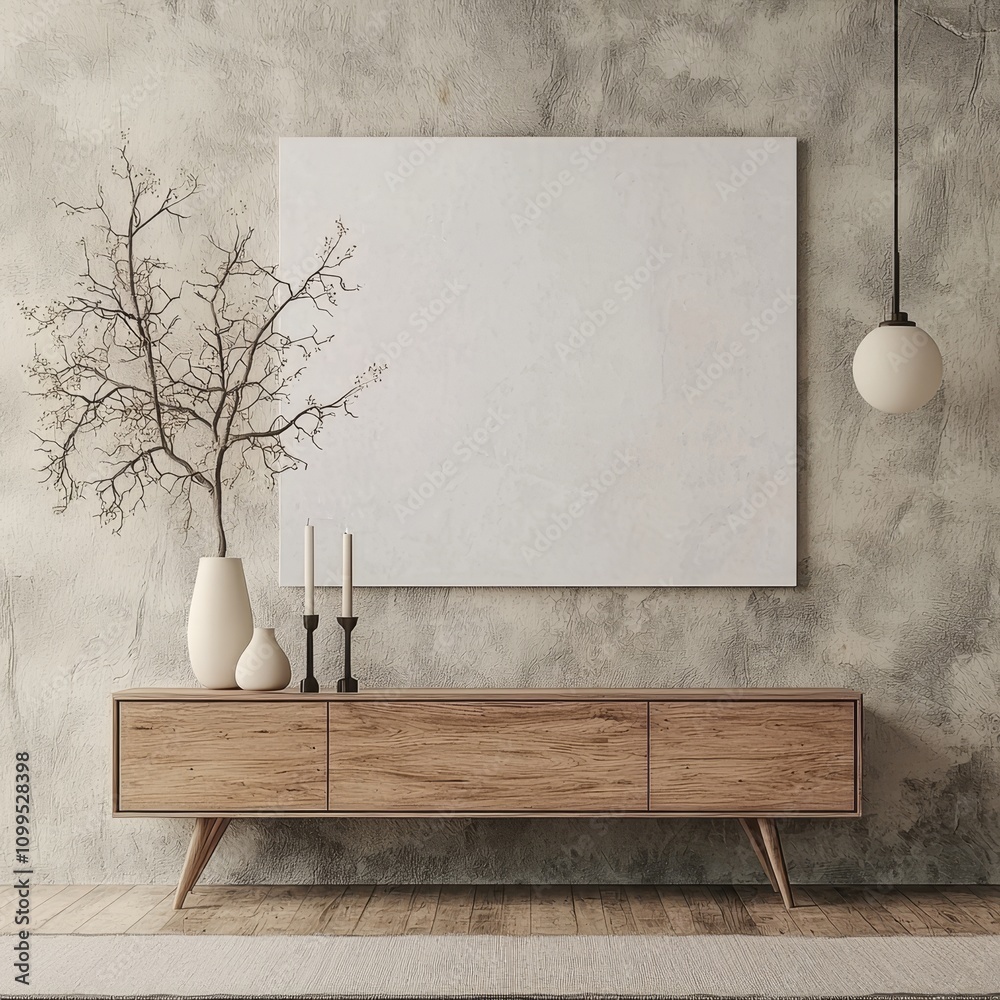 Poster three-dimensional rendering of an empty white picture frame on beige wall, with lamp and dry plant d