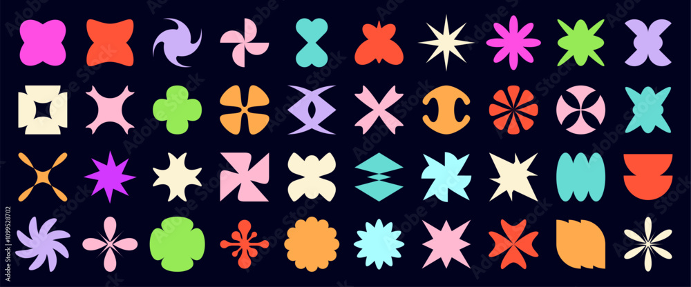 Poster y2k brutalism shapes vector set. vibrant modern abstract forms with vivid and bold colors, evoking n