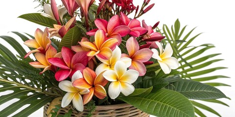 ve a vibrant tropical flower arrangement, colorful blooms, delicate droplets, exotic flowers, floral arrangement
