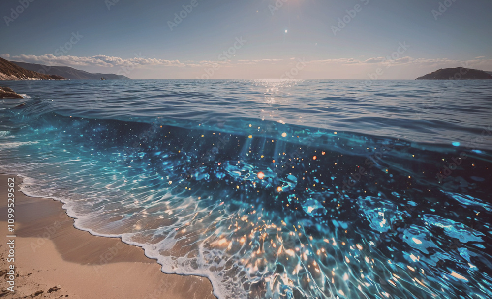 Aufkleber the ocean is blue and the water is sparkling. the sun is shining on the water. there is a beach in t