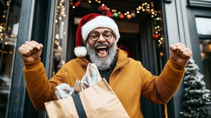 Fototapeta premium Cheerful man with a Santa hat celebrating with shopping bags in holiday decorated setting