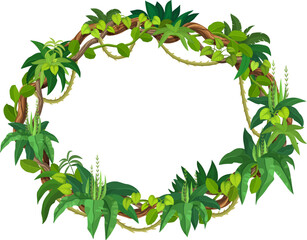 Fototapeta premium Tropical jungle frame, rain forest liana branches and leaves. Cartoon vector oval rainforest border, photo frame, game menu template. Circular frame composed of lush green leaves and exotic vegetation
