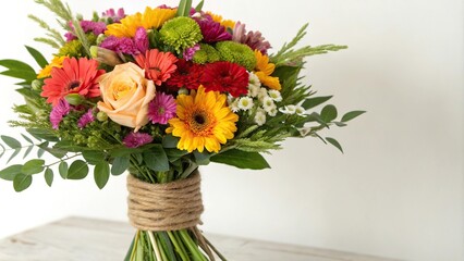 Fototapeta premium Vibrant mix of colorful flowers arranged in a lush bouquet with soft green foliage and wrapped in brown twine, mixed flowers, fresh cut flowers, floral wreath
