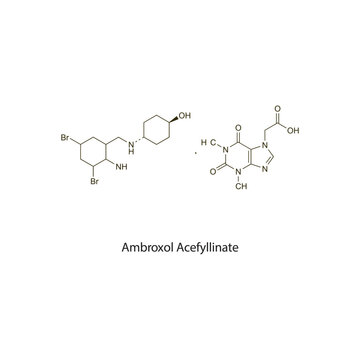 Ambroxol Acefyllinate flat skeletal molecular structure Bronchodilator drug used in Asthma treatment. Vector illustration scientific diagram.