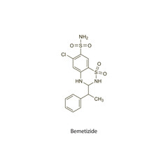 Fototapeta premium Bemetizide flat skeletal molecular structure Thiazide diuretic drug used in hypertension, oedema treatment. Vector illustration scientific diagram.