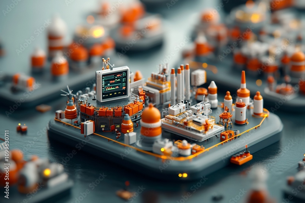 Poster detailed view of a high tech offshore engineering platform with complex digital models touch screen 