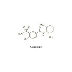 Clopamide flat skeletal molecular structure Thiazide diuretic drug used in Oedema treatment. Vector illustration scientific diagram.