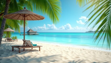 Fototapeta premium Beautiful beach at sunset with coconut leaf and sunshine