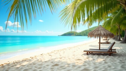 Beautiful beach at sunset with coconut leaf and sunshine