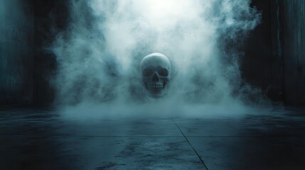 Obraz premium A Human Skull Floats in Eerie Blue Smoke