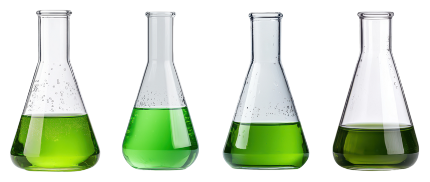 Four laboratory flasks filled with varying shades of green liquid, showcasing different levels of liquid and designs.