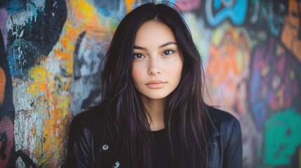 Fototapeta premium A young woman with long dark hair standing confidently in front of a colorful graffiti wall, blending urban style and artistry.