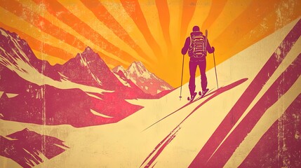 Fototapeta premium Vintage Skiing Adventure: Sepia-Toned Scene of a Skier with Backpack on Snowy Slope, Perfect for Sports Interior Posters and Nostalgic Wall Art in Your Ski Lodge