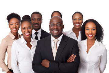 Group of smiling business black people in suits on transparent background. Groups of people in business attire. Rich black man and women. Business leader. Startup boss. Isolated image. PNG cut out.