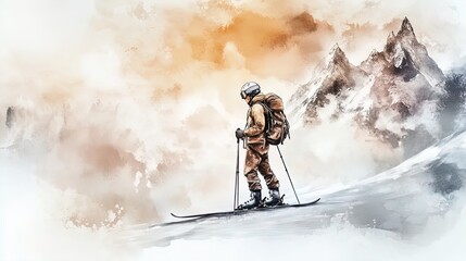 Fototapeta premium Vintage Skiing Adventure: Nostalgic Sepia-Toned Image of a Skier in Retro Gear, Perfect for Sports Interior Poster or Winter-Themed Decor Featuring Snowy Slopes and Rugged Peaks