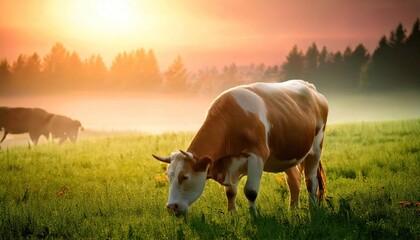  Peaceful Cow Grazing in a Misty Meadow at Dawn in the Countryside