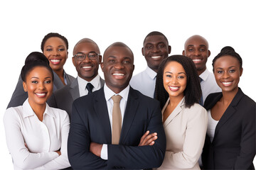 Group of smiling business black people in suits on transparent background. Groups of people in business attire. Rich black man and women. Business leader. Startup boss. Isolated image. PNG cut out.