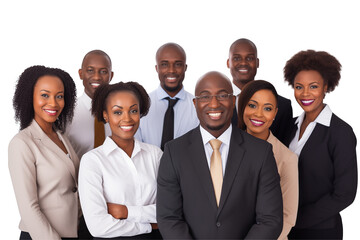 Group of smiling business black people in suits on transparent background. Groups of people in business attire. Rich black man and women. Business leader. Startup boss. Isolated image. PNG cut out.