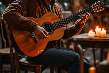 Obraz premium Person playing acoustic guitar, candlelight ambiance.