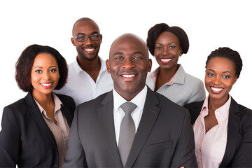 Fototapeta premium Group of smiling business black people in suits on transparent background. Groups of people in business attire. Rich black man and women. Business leader. Startup boss. Isolated image. PNG cut out.