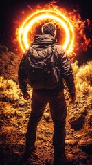 Fototapeta premium A person stands against a fiery backdrop, embodying adventure and exploration in a dramatic, captivating landscape.