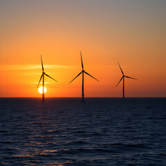 Three wind turbines in the ocean with the sun setting behind them