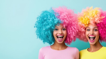 Fototapeta premium Two cheerful women wearing bright pink, blue, and yellow curly wigs, radiating fun and positivity on a vibrant pastel background.