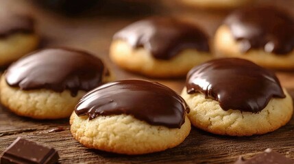 Soft cookies with melted chocolate on a wooden table, creating a warm, rustic dessert feel.