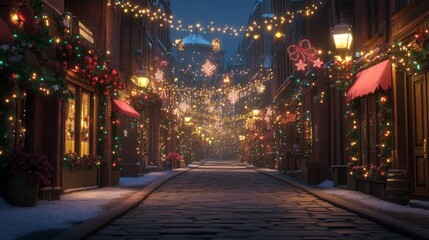 Festive Christmas Street Scene With Snow and Lights