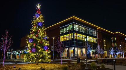 Obraz premium The Enchanting Christmas Tree Beside the Office Building in Snowfall
