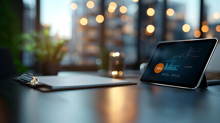 Digital business growth plan holographic dashboard presentation modern office infographic display urban environment close-up view innovative concept for strategy development