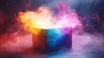 Mysterious Colorful Burst from a Glowing Box with Vibrant Smoke Effects and Cosmic Background in a Digital Fantasy Art Scene