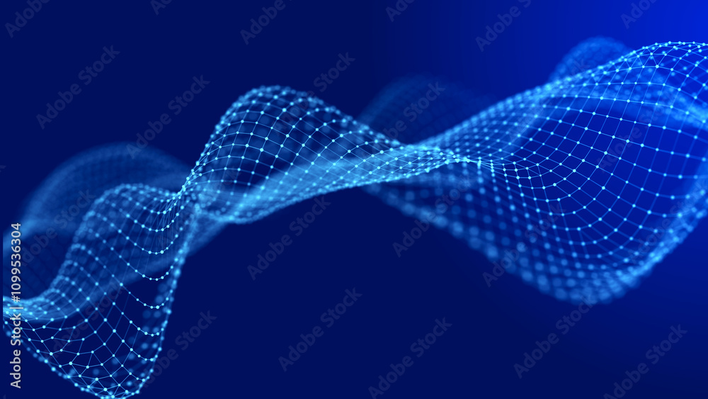 Poster abstract wave. interweaving of dots and lines on a blue background. big data. 3d rendering.