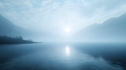 Fototapeta premium Serene Misty Lake Surrounded by Mountains