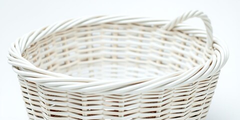 Obraz premium Woven wicker basket in white with no handle featuring a unique woven pattern on the side, kitchen utensil holder, decorative basket