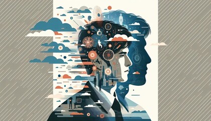 Abstract illustration of a multicultural individual with layered memories and thoughts depicted in intricate patterns and symbols