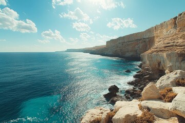 Obraz premium Ocean meets sunny, rocky cliffs.