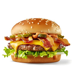 Delicious and Juicy Big Hamburger with Melted Cheese, Crispy Bacon, Fresh Lettuce, and Flavorful Sauce on a Toasted Sesame Bun