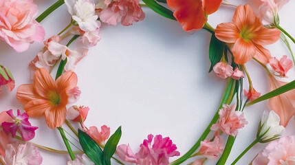 Fototapeta premium Delicate floral wreath with pastel flowers surrounding a blank space