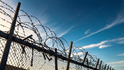 There is a barbed wire fence set against a clear blue sky backdrop