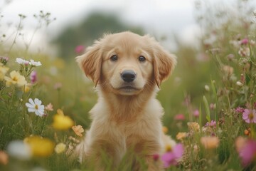 A golden retriever puppy sitting in a colorful field of wildflowers on a sunny day