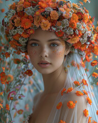 Portrait of a girl in a wreath of flowers. Portrait of a woman. Fantasy photo. 