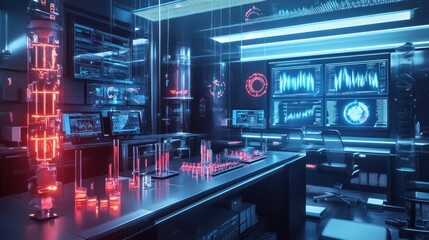 Naklejka premium Futuristic laboratory interior with advanced technology, glowing displays showing data analysis and research.