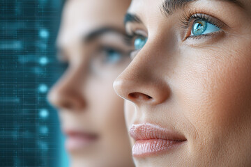 Data scientist reviewing diverse faces in dataset modern office digital analysis professional environment close-up perspective technology and inclusion