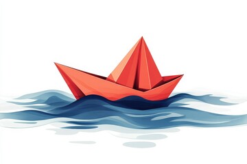 Obraz premium Vibrant Red Paper Boat Sailing on Calm Blue Waves, a Symbol of Adventure and Imagination in a Minimalistic Design with a Touch of Whimsy and Creativity
